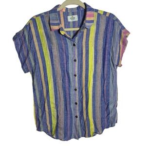 Marine Layer Dana Short Sleeve Button Down Shirt Blue Stripe Linen, XS